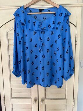 Ann Taylor Women’s Blue Black Floral Print Blouse Top - Size Large